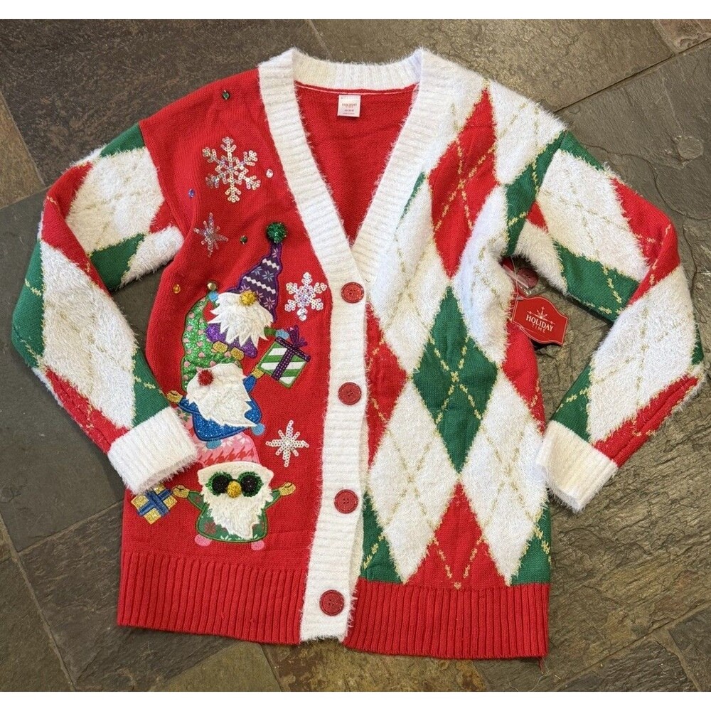 Holiday Time Gnome Cardigan Sweater Women's Size XS Ugly Christmas Sweater NWT